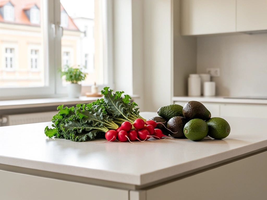 Frische Lebensmittel auf einer hellen Küchentheke
